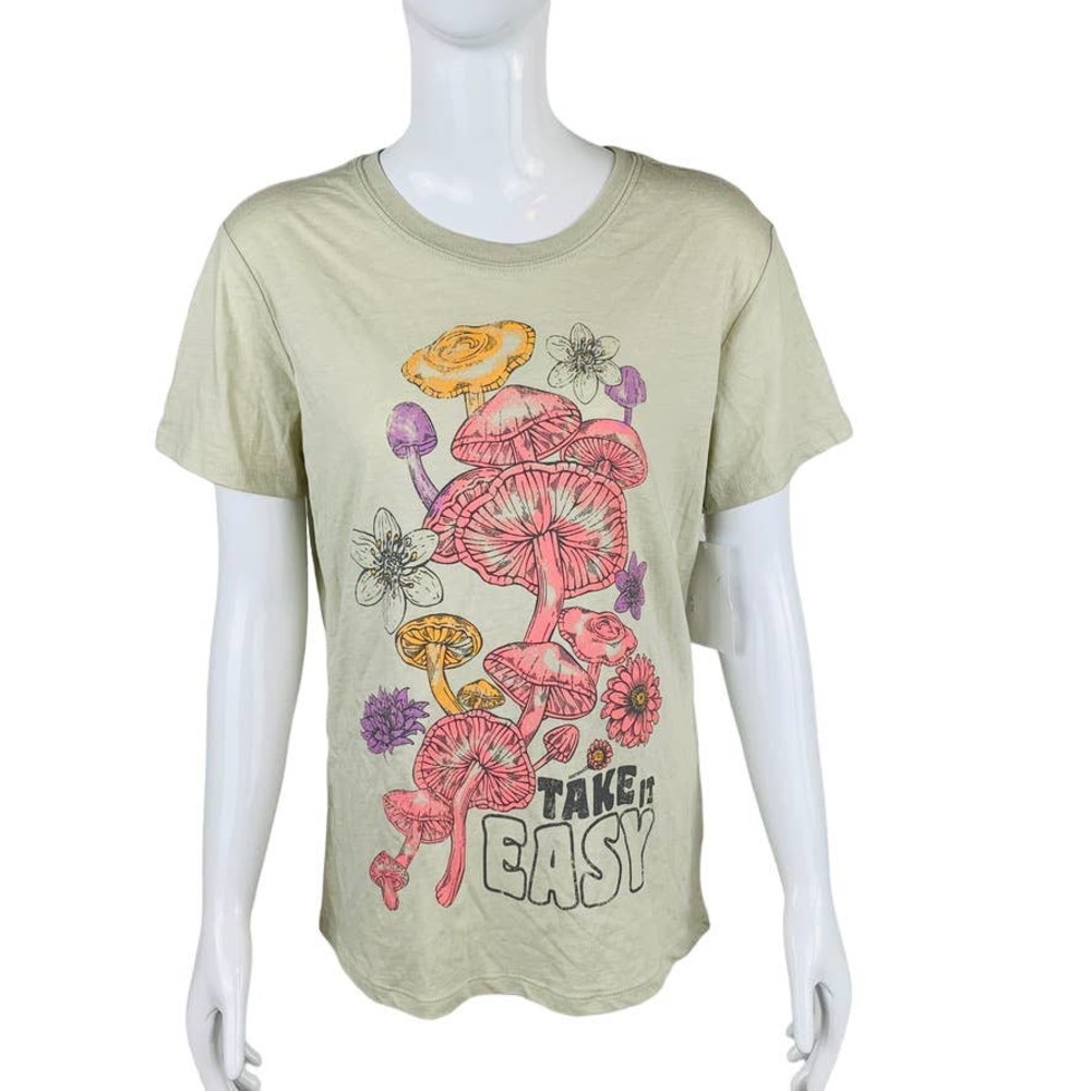 New Rebellious One Juniors Sz Small Pink‎ Beige Floral T-shirt Mushroom NWT